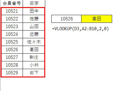［VLOOKUP関数の例］会員番号に紐づいた苗字を知りたい