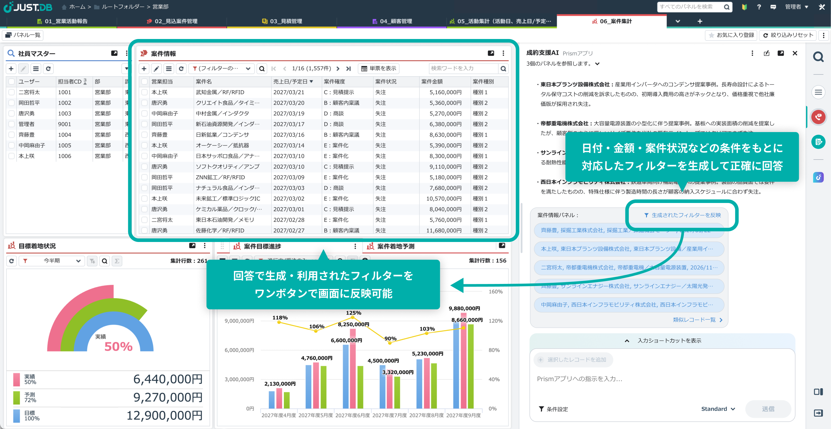 JUST.DB Prismは指示文からフィルターを自動生成、正確に回答します。生成されたフィルターはワンボタンで画面に反映できます。