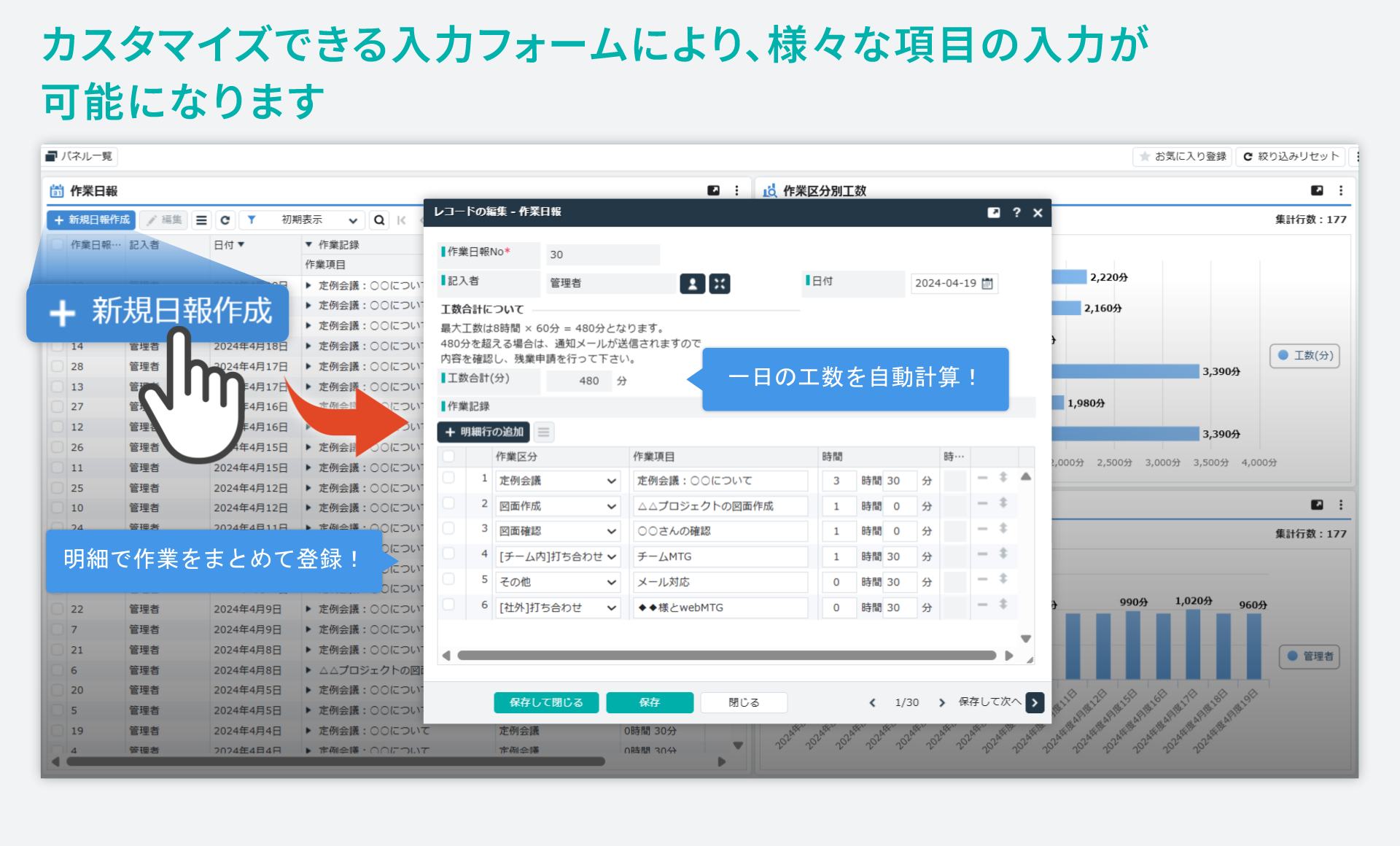 「作業日報」をシステム化／カスタマイズできる入力フォームにより、様々な項目の入力が可能になります
