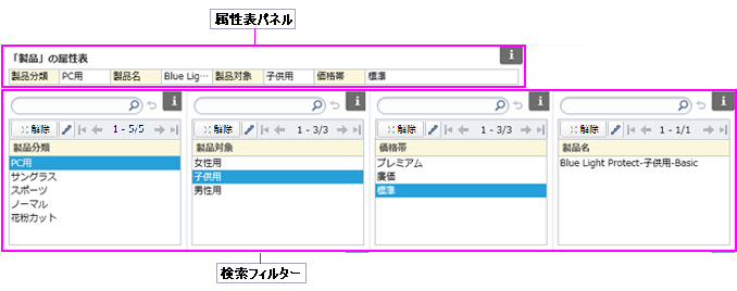 検索フィルターと属性表パネル