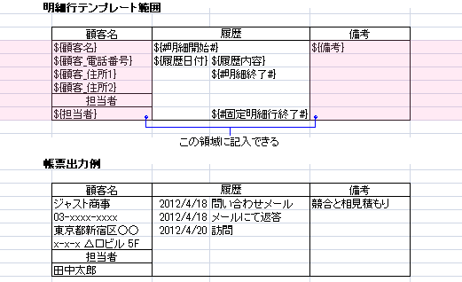 固定明細行出力ので明細テンプレート範囲の左右にあるセルに記入した例